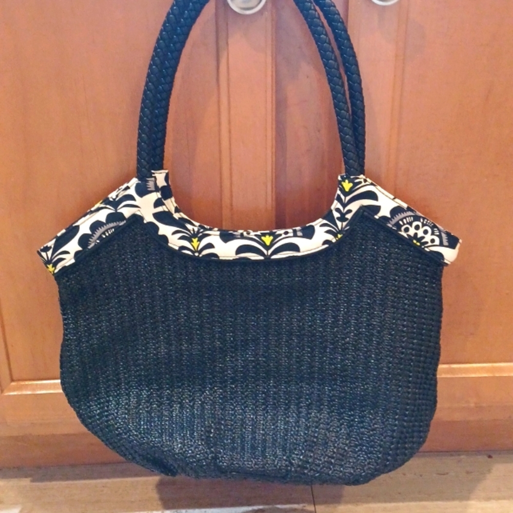 Vera Bradley Black Straw Fanfare Bucket Tote